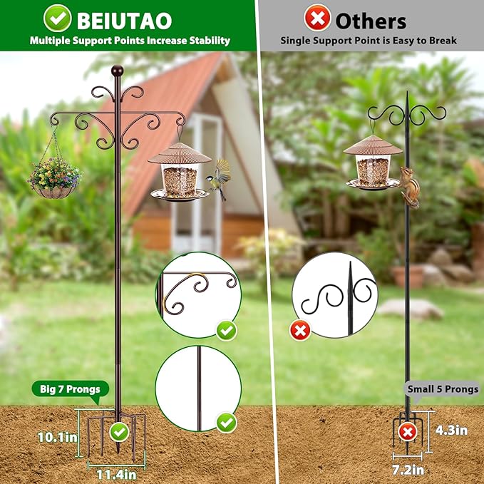 Bird Feeder Pole for Outdoors Heavy Duty Squirrel Proof, 2 Pack 92 Inch Adjustable Tall Shepherds Hooks for Outdoor with 7 Prongs Base, Double Shepherd Hooks (2 Pack Copper, 92 Inch)