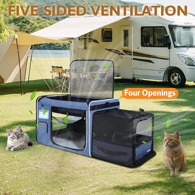 Petskd Side Expandable Extra Large Cat Carrier with Litter Box Area for Long Distance Car Travel,24"x17"x17" Collapsible Soft-Sided Large Pet Carrier with Zipper Locks for 2 Cats Under 55LBS(Blue)