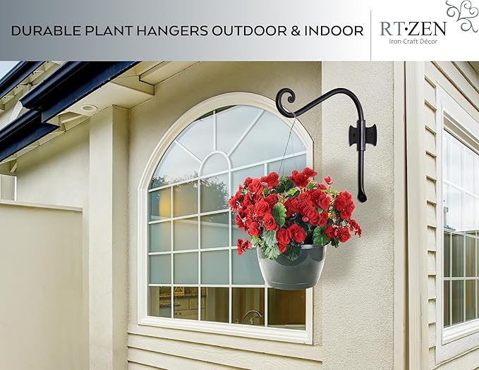 RTZEN Plant Hangers Outdoor or Indoor - Wrought Iron Metal Hanger Indoor Hook - Heavy Duty Wall Bracket Hooks for Hanging Plants Baskets Lanterns Wind Chimes - 2 Pack (Black Axe-Shape Hooks)