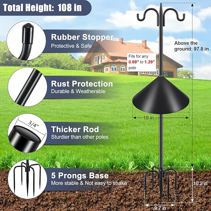 Gtongoko Bird Feeder Pole Squirrel Proof, 108 Inch Double Shepherds Hook for Outdoor with Squirrel Baffles Adjustable Heavy Duty with 5 Prongs Base for Hanging Plants, Bird Feeders, Black