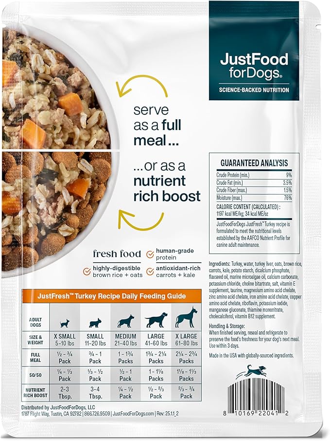 JustFoodForDogs JustFresh Wet Dog Food, Fresh Pet Meals and Toppers with No Preservatives, Resealable Package, Human Grade, Home-Cooked Turkey, 12 oz - 7 Pack