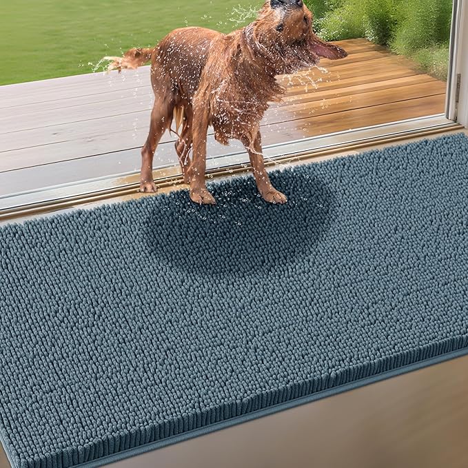 IM HOME Extra Large Dusty Blue Muddy Door Mats for Dogs, Chenille Absorbent Dog Mat, Non Slip Heavy Indoor Door Mat, Soft Dog Bed Mat Front Inside Door Mat for Entryway, Mud Paws, 71" x 25"