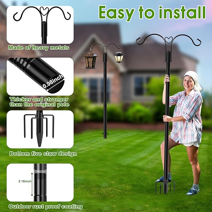 XDW-GIFTS Shepherds Hooks for Outdoor, 2-Pack 76 Inch Heavy Duty Bird Feeder Pole, Garden Pole for Hanging Plants, Lantern, Hummingbird Feeder, Hanging Plant Stand with 5 Base Prongs