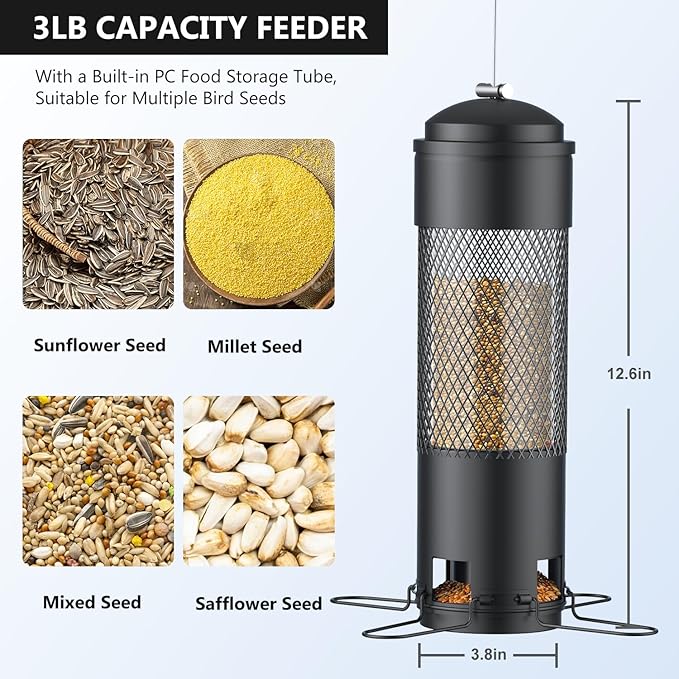 LCSEVEN Bird Feeders for Outdoors Squirrel Proof with Weight-Activated Perches, Hanging Bird Feeder for Outside, Metal Feeder for Wild Cardinal, Finch, Blue Jay, Chickadee, 3LB Seed Capacity, Black