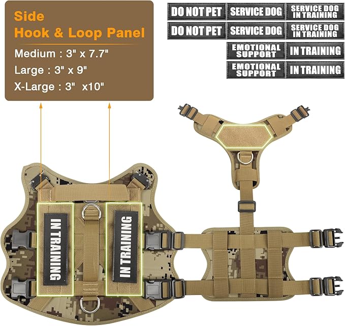 WINSEE Tactical Dog Harness with Dog Leash, Service Working MOLLE Vest with 10 Pet Patches for Dog, No Pull Military Harness and Backpack for Training Hunting Walking