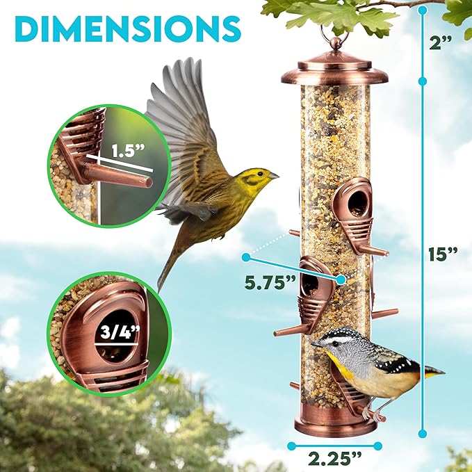 Bird Feeders for Outdoors (Brushed Metal Copper) Squirrel Proof Hanging Bird Feeders with Locking Lid & Adjustable Hanger, Chew-Proof, Weather Resistant 15 Inches 6 Port