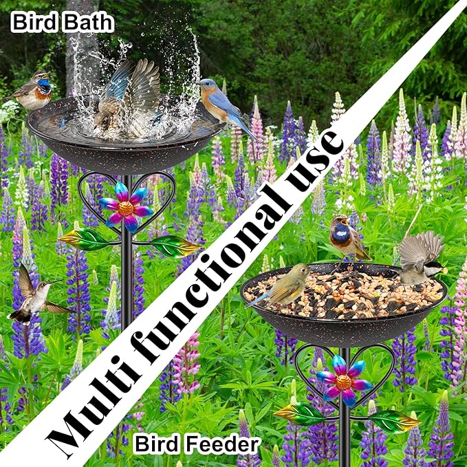 Vintage Metal Bird Bath for Outside, Standing Bird Feerder with Sunflower Love Decoration, Detachable Birdbaths Bowl for Outdoor Yard Lawn Garden Decor (A-Brown)