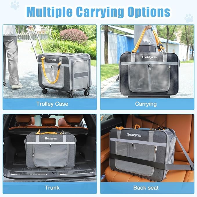 Extra Large Cat Carrier for 2 Cats with Wheels, 24" X 15" X 17" Dual-Compartment Cat Car Travel Carrier, Breathable Rolling Dog Carriers for Small Dogs with Zipper Locks, Light Gray