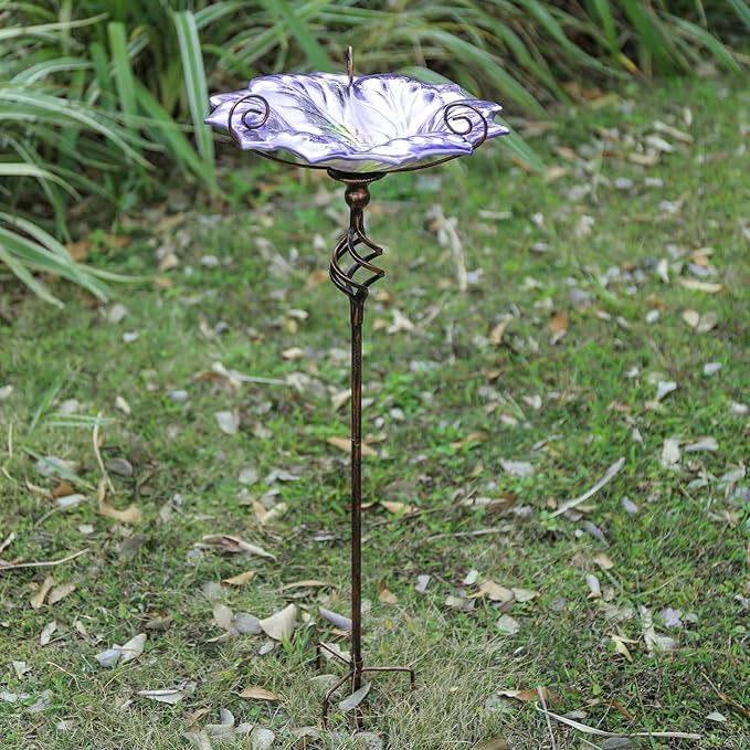 VCUTEKA Glass Bird Bath Outdoor BirdBath Bird Feeder with Metal Stake Garden Decor, Purple