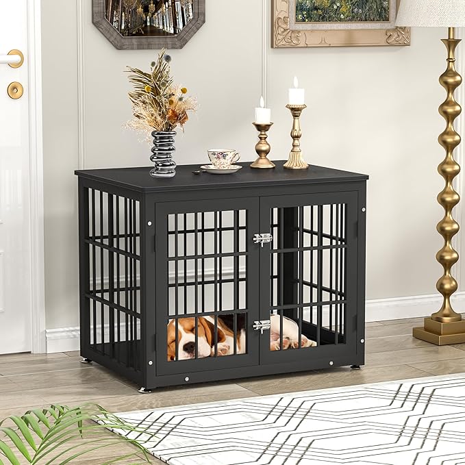 32 Inch Heavy Duty Dog Crate Furniture for Medium and Small Dogs, Decorative Pet House End Table, Wooden Cage Kennel Furniture Indoor, Black
