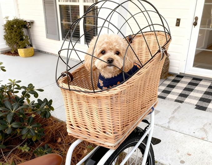 Dog Bike Basket Pet Carrier Bicycle Dog Carrier | Natural Wicker Attachment with Protective Grille,Easy to Install Comfort Cotton Cushion,Mounting Bracket for Secure Bicycle Rear Luggage Rack