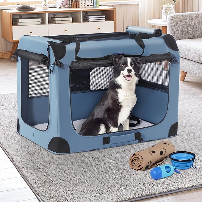 Petprsco Portable Dog Crate - 32"x23"x23" Collapsible Dog Travel Crate for Medium/Large Dogs with Soft Blanket, Foldable Bowl & Poop Bag Dispenser - Indoor & Outdoor Use