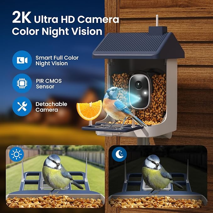 Smart Bird Feeder with Camera, 1.8L Solar Powered Bird Feeders for Outdoors, 2K AI Identify 10,000+ Birds Species, Birds Feeder Camera IP65 Instant Notification, Ideal Gift for Avian Lovers