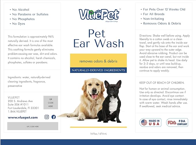 VLUEPET | Pet Ear Wash - Ear Infection Treatment to Relieve Ear Itching & Inflammation for Dog and Cat - Gently Remove Ear Wax - Natural Ingredients and Alcohol Free Ear Wash - All Natural – 16 fl oz
