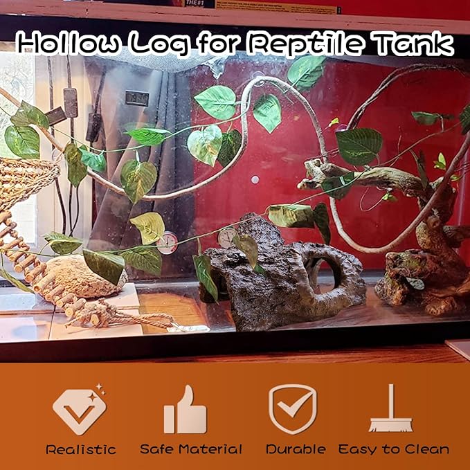 Tfwadmx Leopard Gecko Hide, 7" Reptile Hideout, Resin Simulated Hollow Log for Aquarium, Betta Fish Hideout, Reptile Tank Accessories for Corn Snakes, Young Lizards, Hermit Crabs, Frogs
