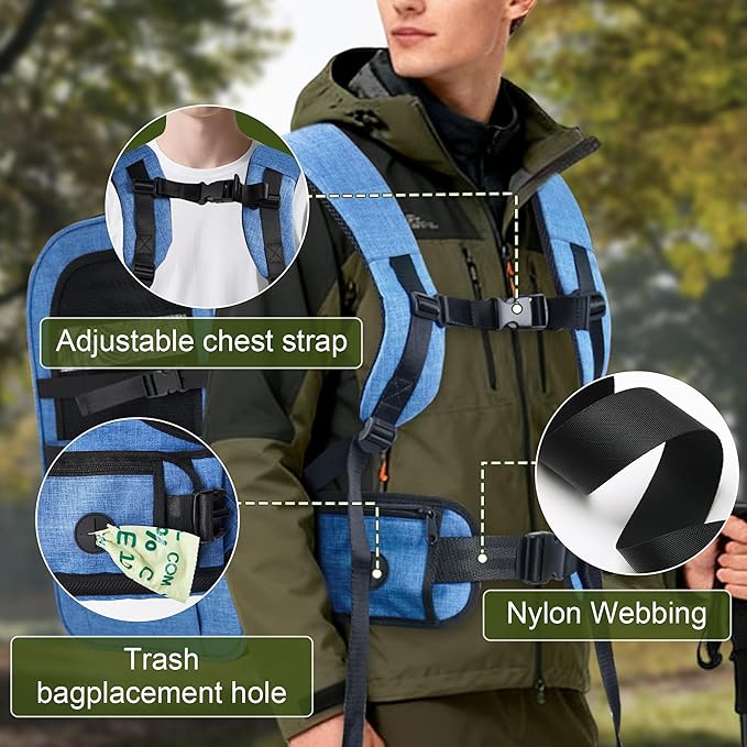 Dog Carrier Backpack for Small Dogs - Breathable Mesh Hiking Bag with Safety Buckle, Adjustable Straps and Standard Pad - Durable for Hiking (Fits Small Cats Too, Up to 17lbs, Blue)