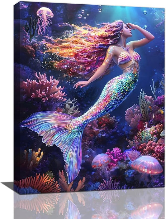 Sea Mermaid Bathroom Pictures Wall Art, Ocean Mermaid Bathroom Wall Decor, Aesthetics Framed Painting Canvas Artwork for Bedroom Living Room Decorations 20"L x 16"W