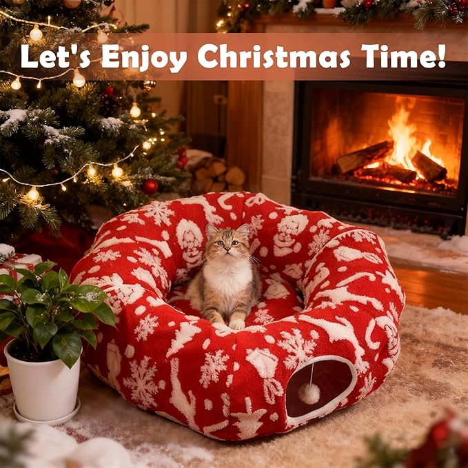 Cat Tunnel Christmas Tree Skirt for Indoor Cats with Bed,Christmas Cat Tunnel Peekaboo Cave Play Christmas Tree Cat Tunnels,Cute Cat Donut Toys Tunnel Skirt Hideout Under Tree