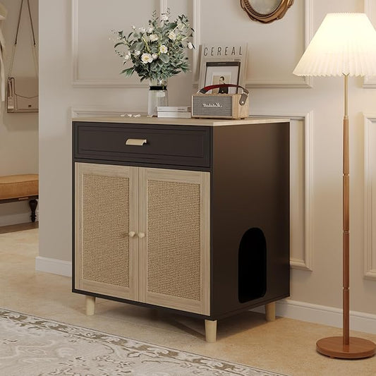 Cat Litter Box Enclosure Furniture Hidden - Indoor 2-in-1 Wooden Cat House & Washroom Cabinet with Scratching Board Doors and Drawer, 31.5”x21.6”x34.6”, Black