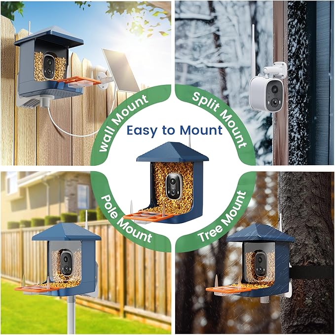 Smart Bird Feeder with Camera, Solar Powered Bird Feeders for Outdoors, 1.8L 2K AI Identify 10,000+ Birds Species, Birds Feeder Camera IP65 Instant Notification, Ideal Gift for Avian Lovers