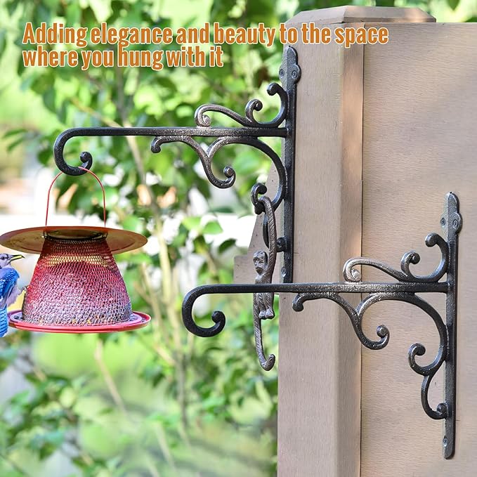 Sungmor Cast Iron Wall Hook Plant Hangers - Home & Garden Heavy Duty Hanging Bracket Plant Hooks - 2PC BLACK Decorative Wall Mount Hooks for Hanging Planter Pot Bird Feeder Birdcage Lantern Wind Chime