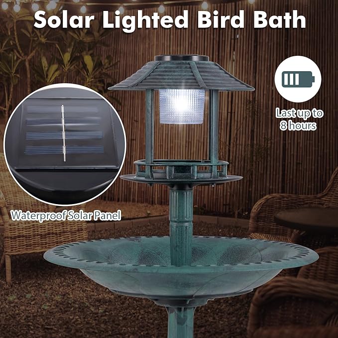 LDAILY Outdoor Bird Bath, 42'' Solar Lighted Pedestal Birdbath with Bird Feeder, 20'' Water Bowl, Flower Planters and 3 Stakes, Attract Birds, Antique Finish
