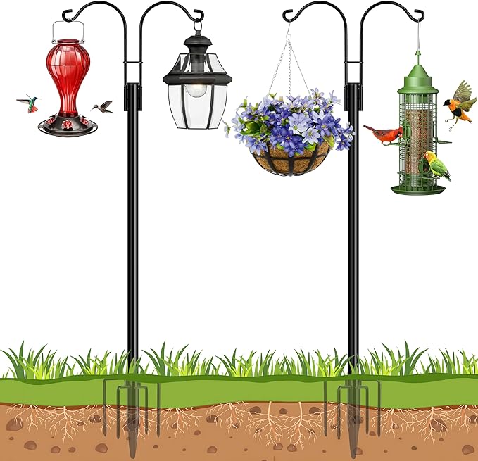 Ottsuls Bird Feeder Pole, 2 Pack 76 INCH Double Shepherds Hooks for Outdoor, Garden Pole with 5 Base Prongs Heavy Duty Planter Hooks for Hanging Plant Baskets, Lantern, Hummingbird Feeder