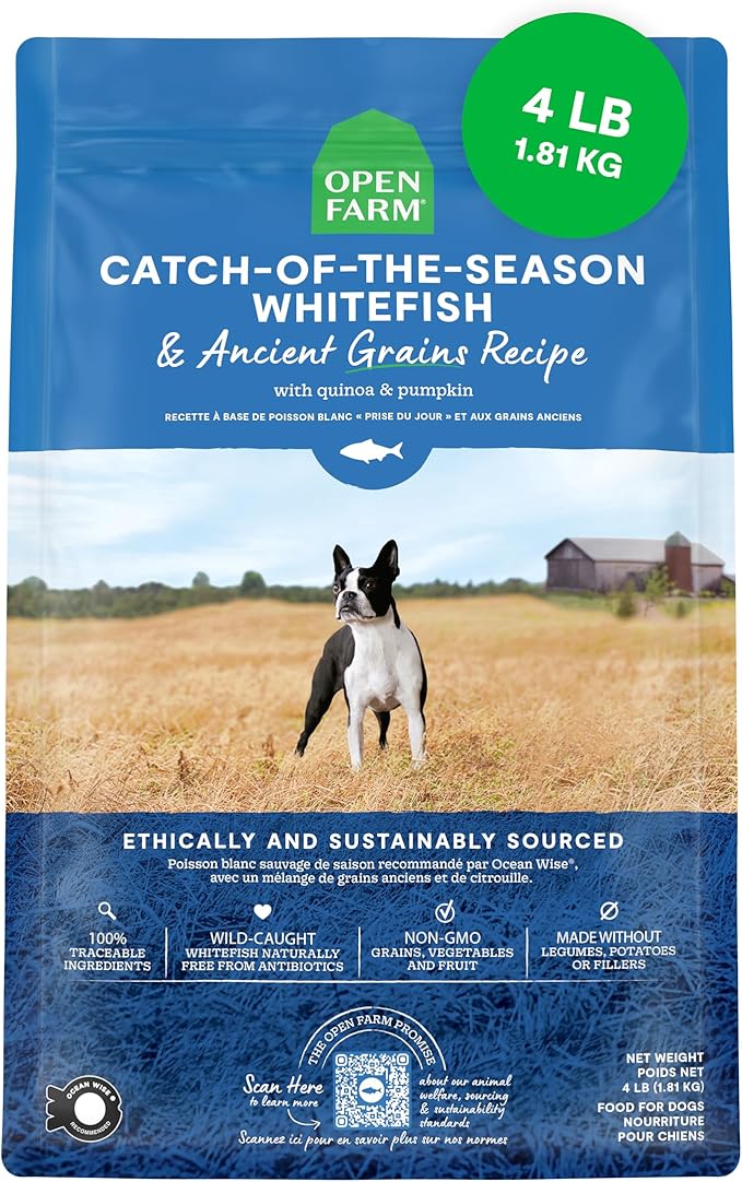 Open Farm, Ancient Grains Dry Dog Food, Protein-Rich & Nutrient Dense, 90% Animal Protein Mixed with Non-GMO Fruits, Veggies and Superfoods, Catch-of-The-Season Whitefish Recipe, 4lb Bag
