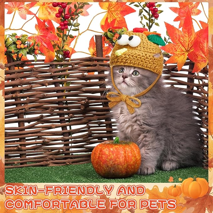 3 Pcs Knitted Turkey Cat Costumes Cat Dog Thanksgiving Turkey Hat Small Kitten Dog Pet Costumes Knitted Cap Thanksgiving Apparel Cosplay Accessory Headwear (Adorable)