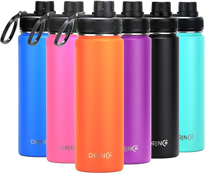 DRINCO Stainless Steel Water Bottle Spout Lid Vacuum Insulated Double Wall Water Bottle Wide Mouth (40oz 32oz 22oz 18oz 14oz) Leak Proof Keep Cold Sport Camping Hiking (22 oz, 22oz Orange)