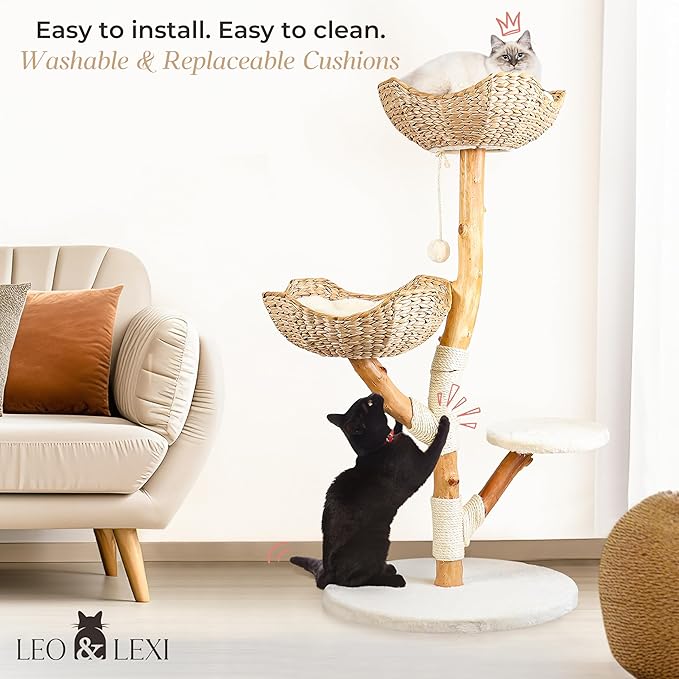 Real Wood Modern Cat Tree Tower, Cat Scratching Post with Bed for Indoor Cats Large Adult, Solid Wooden Climbing Tower, Cute Wicker Condo, Aesthetic Stand, Boho Luxury Pet Furniture