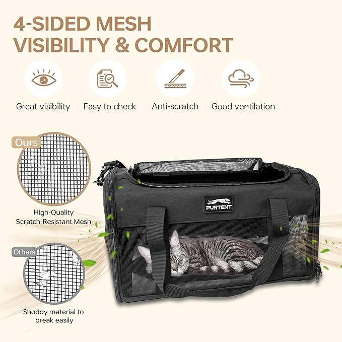 Pet Carrier for Large Cats 25 lbs, Mesh Pets Travel Carriers for Puppy Two Small Cats Rabbits with Shoulder Strap & Removable Mat, Portable Collapsible Puppy Crate Indoor and Outdoor, Black