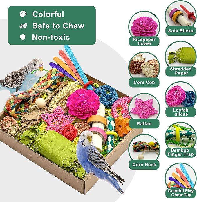 Natural Bird Toy Foraging Parrot Shredding Toys Box Conure Chewing Toys for Cockatiel Lovebird Parakeet Budgie Small-Medium Birds (Colorful)