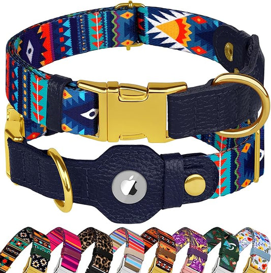 AirTag Dog Collar for Small Medium Large Breed - Adjustable Cute Pattern Dog Collar with Airtag Holder - Soft Leather Tracker GPS Apple Air Tag Pet Collars (X-Large, 20"-25" Neck Fit, Navajo)
