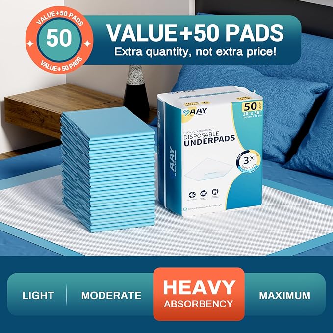 AAY Bed Pads Disposable 30" x 36" (50 Count), Extra Large Super Absorbency Disposable Underpads for Incontinence, Premium Leakproof Protective Chucks Pee Pads for Adult, Kids, Puppy Training