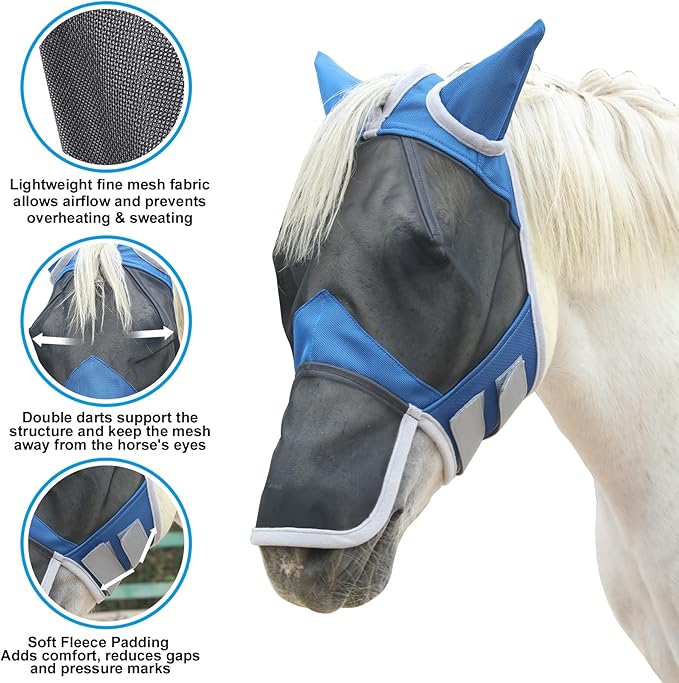 Horse Fly Mask with Ears & Long Nose Cover | Forelock Opening for Tangle-Free Mane Care | UV Protection & Breathable Mesh | No Rub Fit and Enhanced Visbility for Trail Riding RoyalBlue Pony