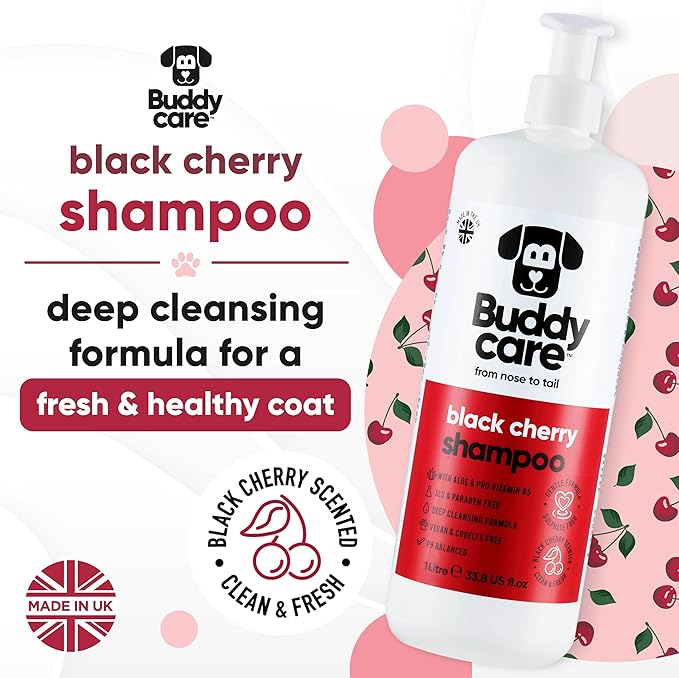 Black Cherry Dog Shampoo by Buddycare | Deep Cleansing Shampoo for Dogs | Black Cherry Scented | with Aloe Vera and Pro Vitamin B5 (33.8oz)