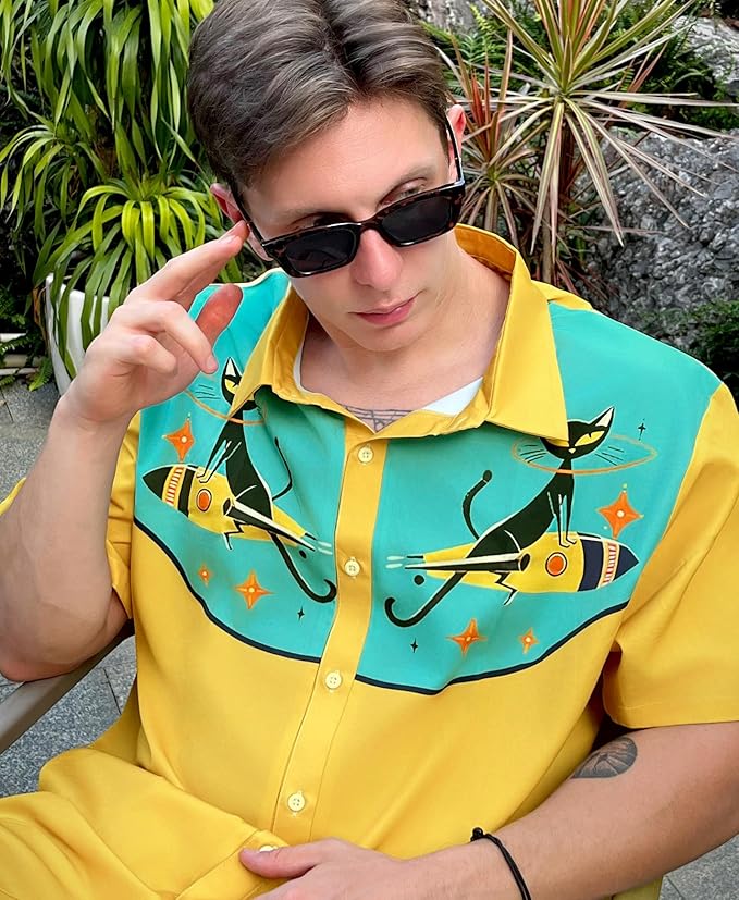 Men’s Hawaiian Shirt Western Cowboy Symmetrical Print Short Sleeve Button Down Casual Beach Holiday Summer Shirt