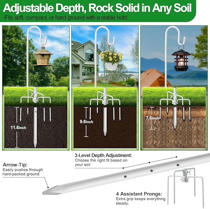 Hummingbird Feeder Stand - 62" Heavy Duty Bird Feeder Pole with Adjustable Anti-Tip Stake, Rustproof Shepards Hook with Hanger for Birdfeeders, Wind Chimes, Lanterns, Holiday Decor - White