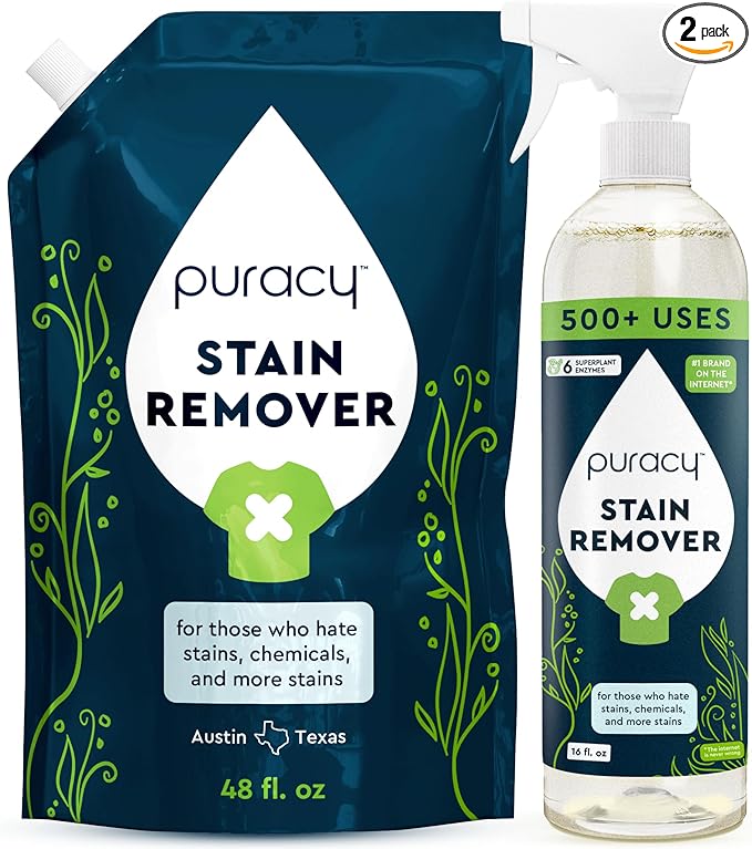 Puracy Stain Remover Cleaning Spray - Enzyme-Powered Stain Removal Spray As Seen on TikTok, Natural Travel Spot Remover for Clothes (Unscented, 48 fl oz + 16 fl oz)