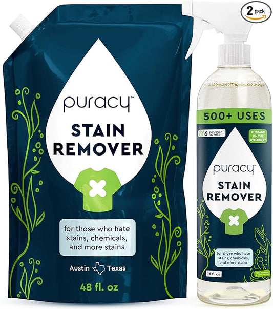 Puracy Stain Remover Cleaning Spray - Enzyme-Powered Stain Removal Spray As Seen on TikTok, Natural Travel Spot Remover for Clothes (Unscented, 48 fl oz + 16 fl oz)