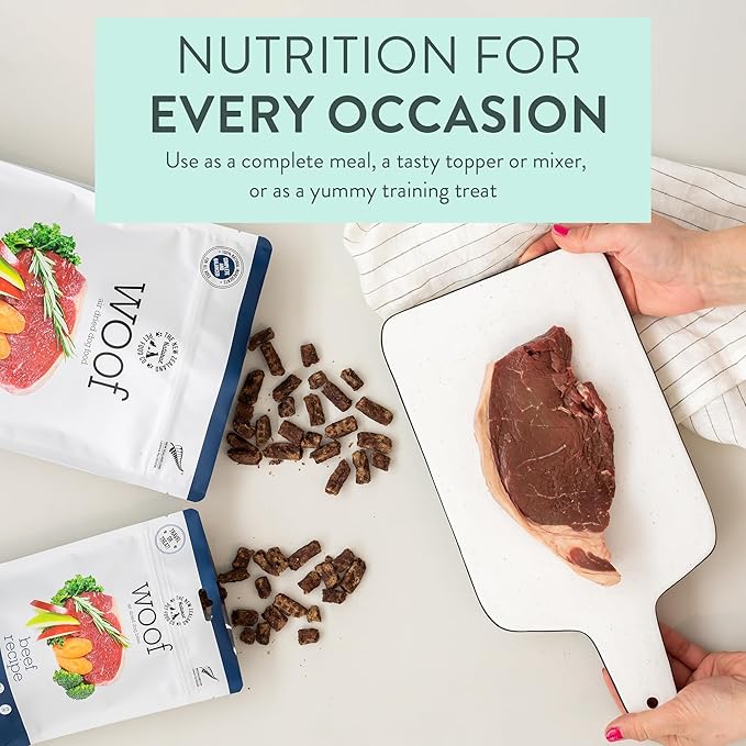 The New Zealand Natural Pet Food Co WOOF Air Dried Dog Bites - Beef Recipe, Air Dried Dog Food, High Protein Beef Food, Healthy Dog Food, 26.5 oz