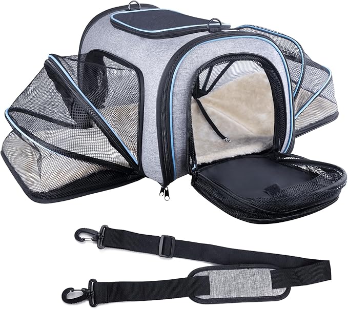 Siivton 4 Sides Expandable Pet Carrier, Airline Approved Soft-Sided Dog Cat Carrier Bag with Fleece Pad for Cats, Puppy and Small Animals (4 Extension Gray_Blue, L:18.0" L x 11.0" W x 11.0" H)