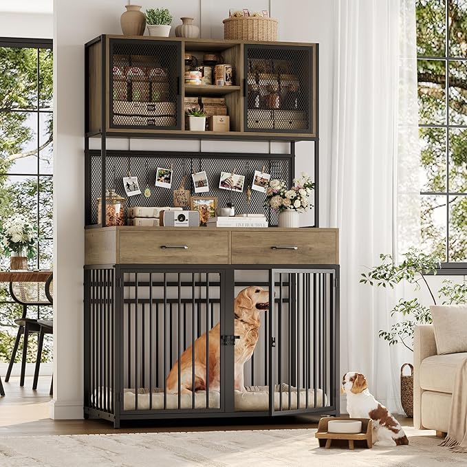 HITHOS 71" Tall Dog Crate Furniture, Indoor Dog Kennel with Hutch, 42" W Dog Cage for Large/Medium Dogs, Wood Dog Crates with 2 Storage Drawers, Heavy Duty Pet House, Rustic Brown