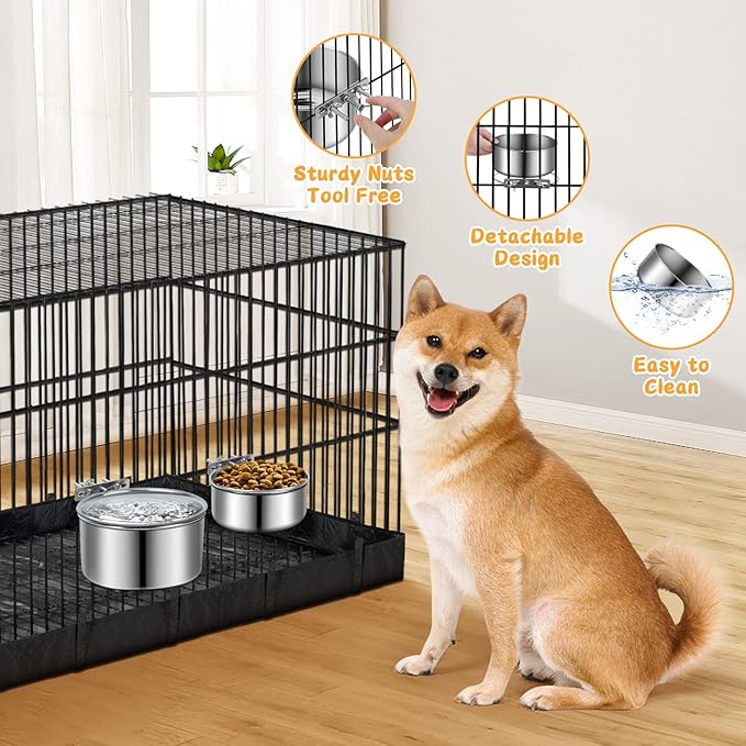 Stainless Steel Dog Bowls, ShineMe 40oz & 60oz No Spill Dog Crate Water and Food Bowls with Hanging Hook for Kennel, Cage and More, 7.0 x 3.7” & 6.2 x 2.5” Feeder Dish for Large and Medium Dogs
