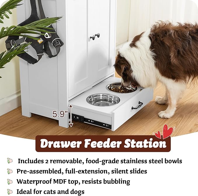ALINE FURNITURE Dog Feeding Station with Storage Cabinet and 2 Elevated Dog Bowls, Hidden Pet Feeder Station Wood, Dog & Cat Storage Organizer, White