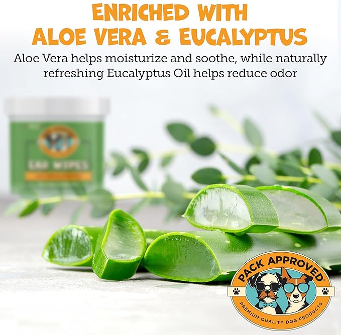 Ear Wipes for Dogs with Aloe Vera & Eucalyptus - Gentle Ear Cleaner for Dogs to Help Remove Wax and Odor - Convenient and Mess-Free Cleaning Pads for Dirty, Itchy Ears - 100 Wipes