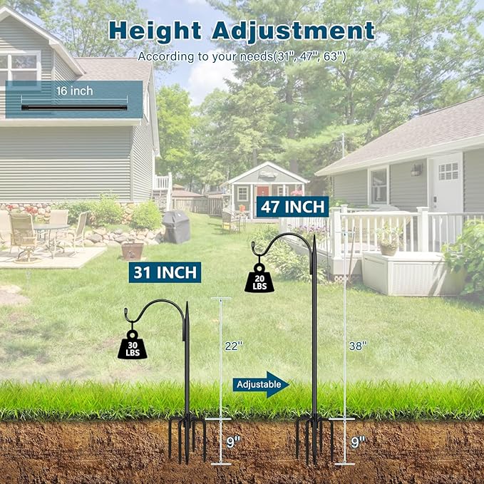 Gtongoko 47 inch Small Shepherds Hooks for Outdoor with 5 Prongs, Adjustable Bird Feeder Pole Garden Hooks for Hanging Lanterns, Plants Baskets, Hummingbird Feeders, 1 Pack