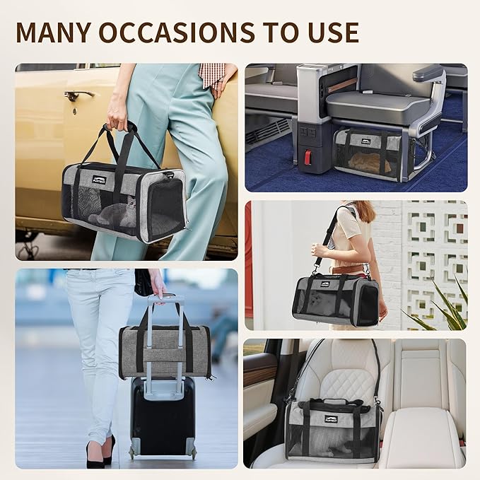 TSA Approved Pet Carrier for Small Cats and Puppies, Soft-Sided and Foldable, Cat and Dog Carrier Fits Pets Up to 15 lbs, Durable Portable Travel Bag with Litter Box, Dark Gray