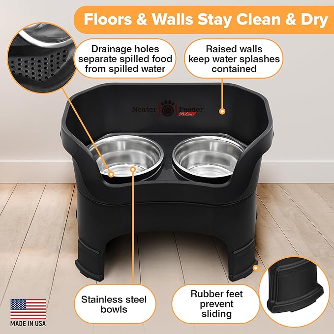 Neater Feeder Deluxe Mess Proof Dog Bowls Elevated for Large Dogs – Made in USA – No Spill Raised Dog Food Bowl Stand w/Leg Extensions – Stainless Steel Dog Food and Water Bowl Set – Black